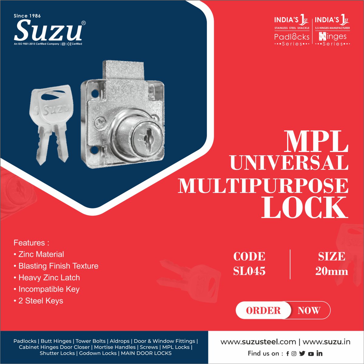 suzuindia's tweet image. Suzu Steel India Introduces  "Multi Purpose Lock" with 2 steel key #hardwarefittings #drawerlock #cabinetlock #architect #builders #projects #interior #hardwarestore #bulkbuy #contractor. For more info  visit suzusteel.com/or contact : 7082947132 or 011-418243400-3800