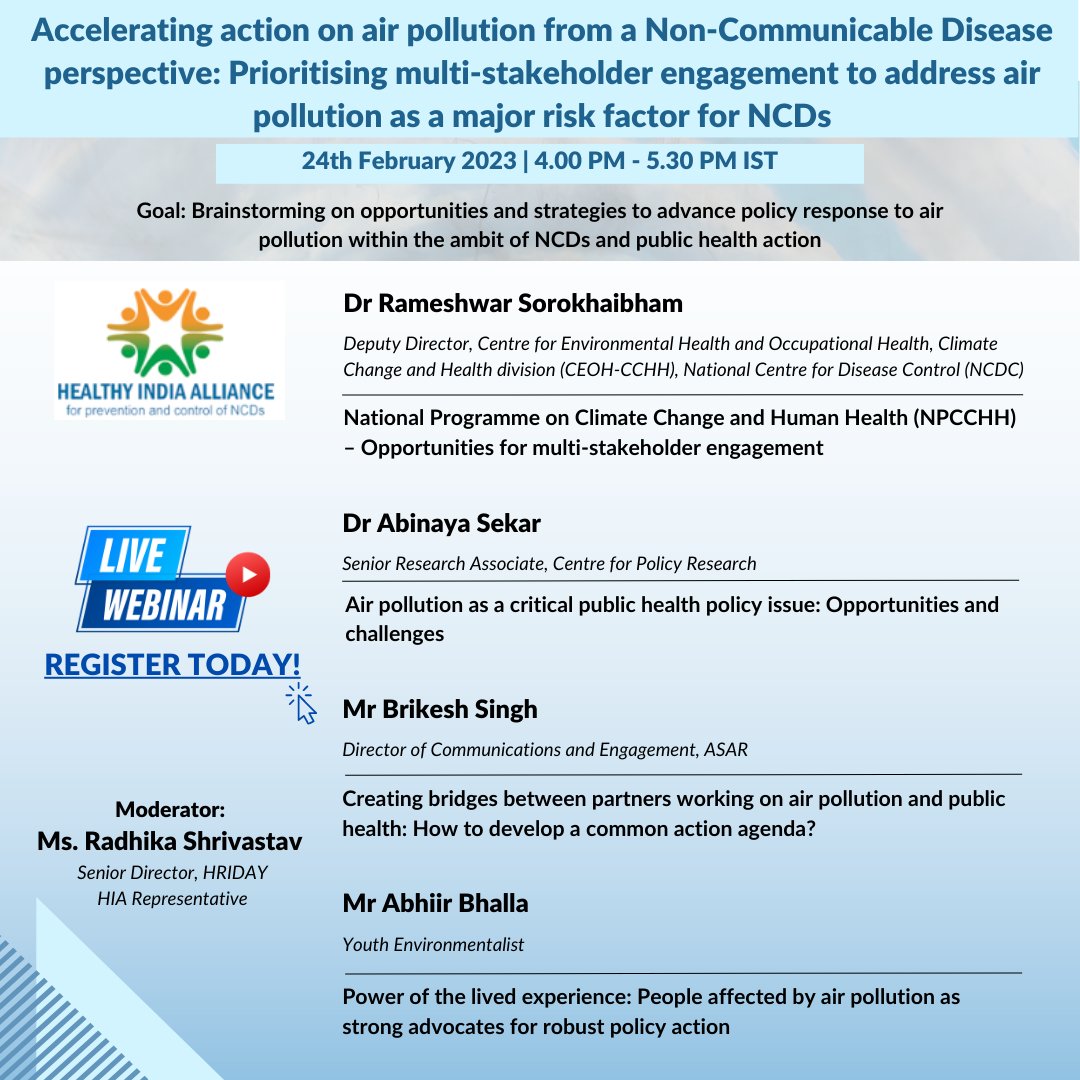Healthy India Alliance (@hia_ncd) on Twitter photo Gearing up for the <a href="/HIA_NCD/">Healthy India Alliance</a> webinar on accelerating action on #AirPollution from #NCD lens and brainstorm on opportunities to advance policy response to address air pollution on 24 February, 4 PM- 5:30 PM IST via Zoom.
Register now: bit.ly/3EcBcP6 Gearing up for the <a href="/HIA_NCD/">Healthy India Alliance</a> webinar on accelerating action on #AirPollution from #NCD lens and brainstorm on opportunities to advance policy response to address air pollution on 24 February, 4 PM- 5:30 PM IST via Zoom.
Register now: bit.ly/3EcBcP6