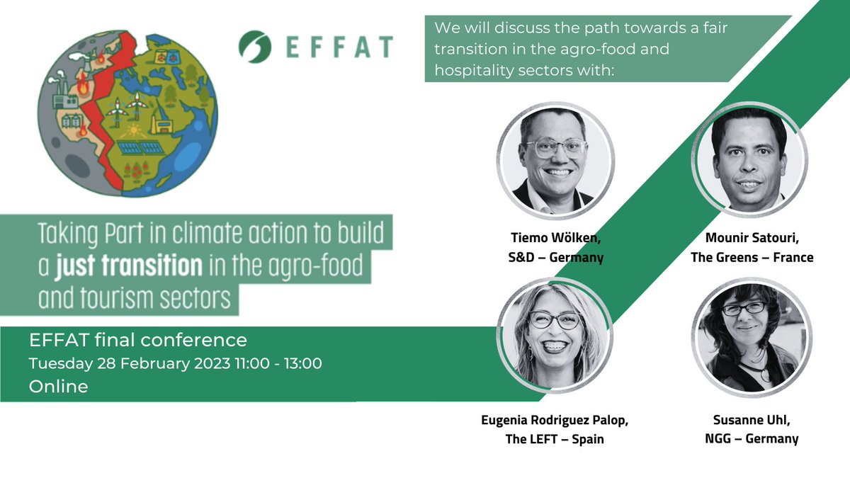 EFFAT_org's tweet photo. 🔥Coming-up next week!

🌏In a final conference, EFFAT will present draft recommendations to ensure #JustTransition in Agro-food &amp; hospitality.

🌱Looking forward to discussing the way forward with invested MEPs and affiliates!

👉Link to register: https://t.co/OaJBZI1cpe https://t.co/vfB8WroWKR