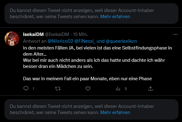 IsekaiDM's tweet photo. @Nilsrico02 @FiNessi_ @queerlexikon Ich hätte die Konversation ja gerne weitergeführt und dir noch Erklärt das ich mit Selbstfindungsphase das nicht auf Trans sondern auf Jugendliche bezogen habe, falls du das trotzdem noch liest ich hoffe ich habe dir zumindest etwas zum nachdenken auf den weg gegeben. https://t.co/18euAXpYBe