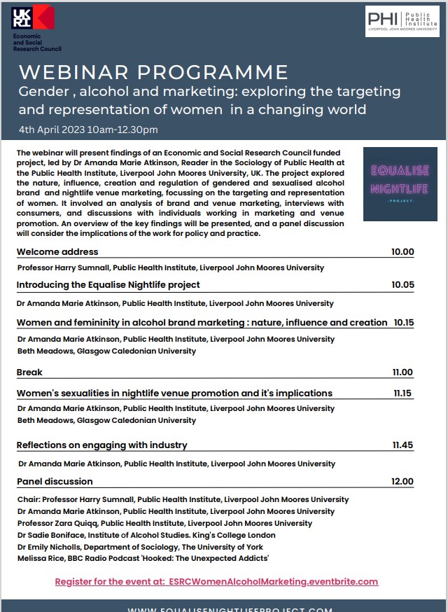 Excited to be part of this @ESRC research seminar on gender, alcohol & marketing with @DrAMAtkinson, @profhrs & @BethMeadows95 - please share, register and join us! #alcoholresearch #AcademicTwitter @EqualiseNTE