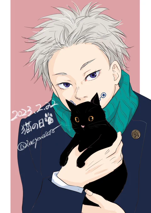 任務帰り、猫の日に猫カフェあれ?狗巻くんって猫派?(笑)<にゃ〜>(に送ろカシャ)猫巻くん…(笑)#illustration #呪術廻戦ファンアート 
