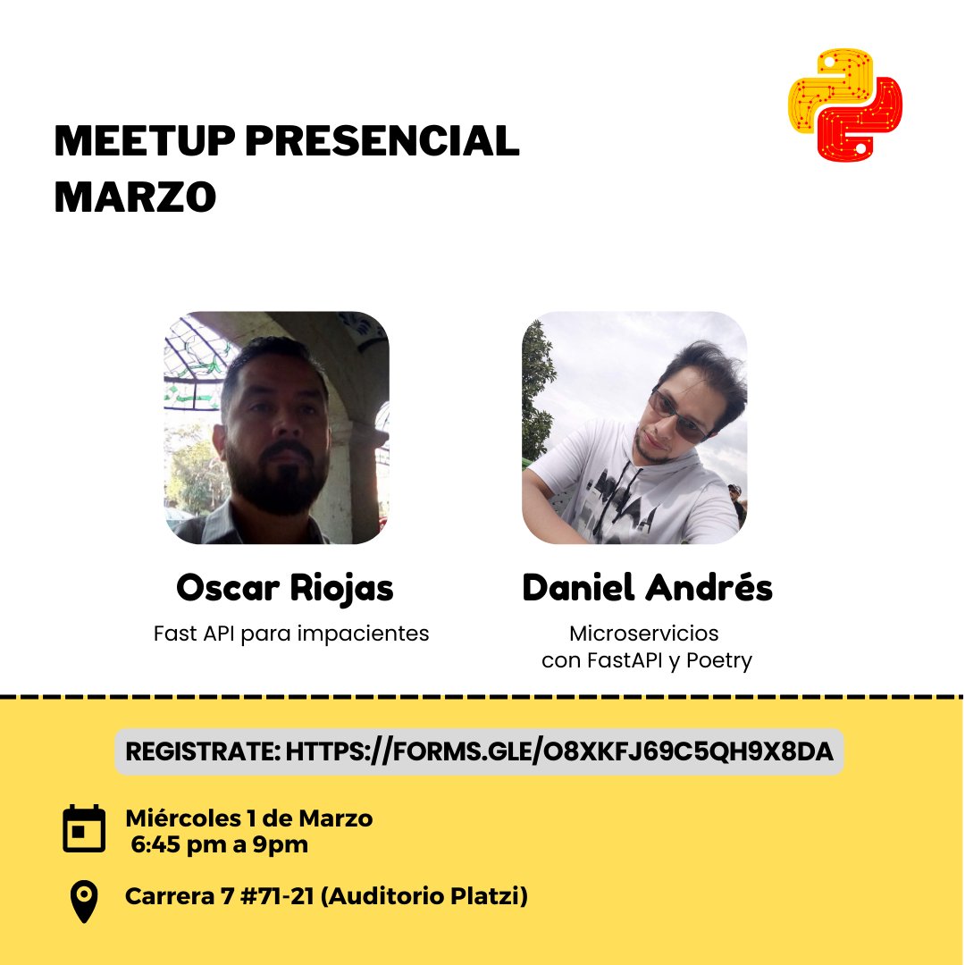 pythonbogota's tweet image. ¡No te quedes sin participar!

El evento se realizará el miércoles 1 de marzo 2023 de 645pm a 9pm, en las instalaciones de Platzi

Regístrate: forms.gle/o8XKfj69c5Qh9X…

Gracias a nuestro patrocinadores: @axiacore y @platzi