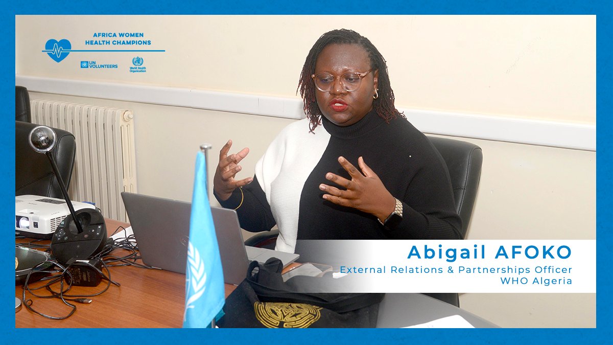 UNV_ROWCA's tweet photo. Introducing Abigael Afoso, who serves as the External Relations & Partnership Officer for @OMS_ALGERIE. She is an unwavering advocate for public health⚕️,we greatly appreciate her commitment & knowledge in improving health not just in Algeria🇩🇿, but beyond.
#HealthChampion #AWHC https://t.co/qBtc1X4C6k