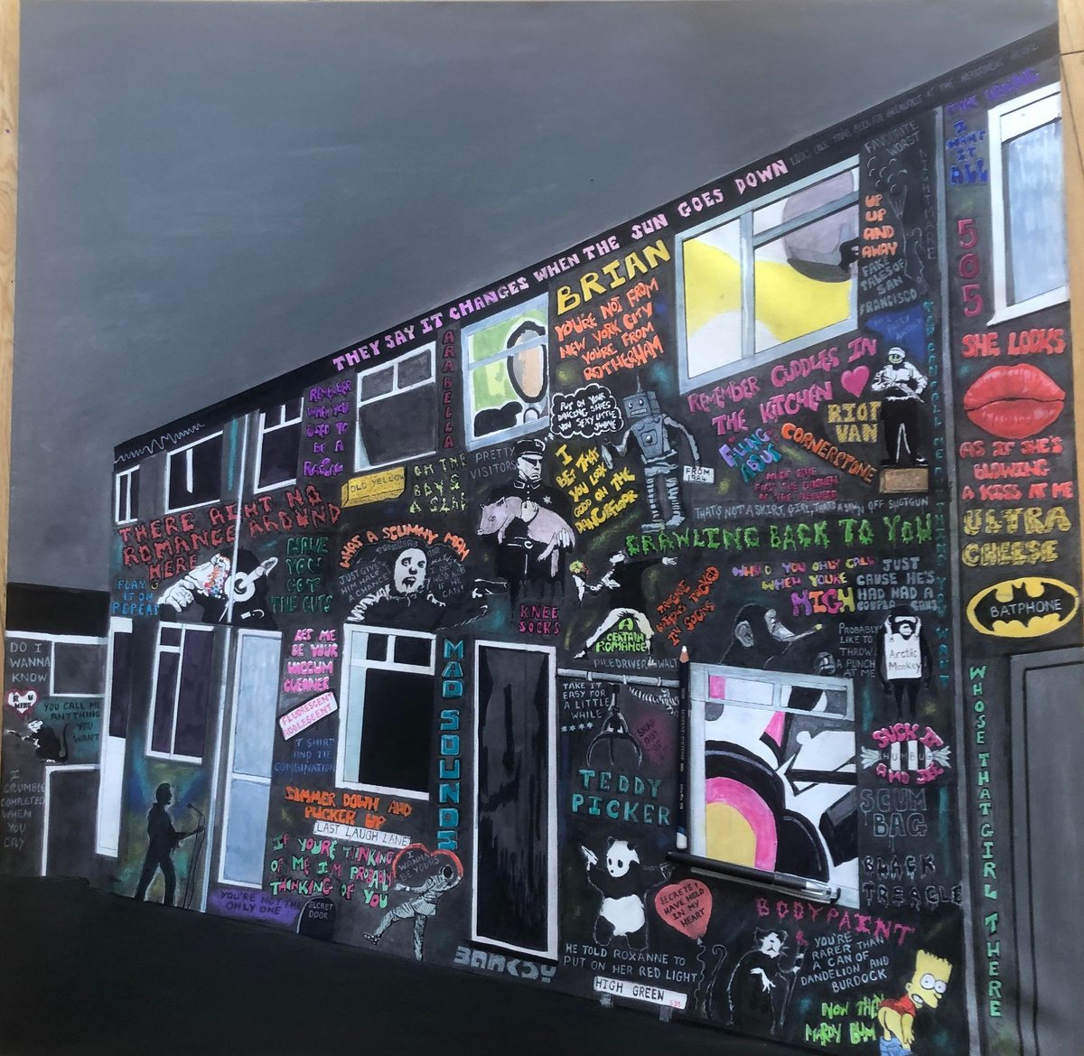 JanetHalmshaw's tweet photo. Arctic Monkeys painting- When Banksy met the Monkeys available in signed limited edition print from next week. ยฃ60 plus postage. #arcticmonkeys #alexturner #sheffield #highgreen #matthelders #nickomalley #jaimiecook #music #art #artlover #vinyl #nft #anime #popart #albumcover https://t.co/8CnPgLxHrz