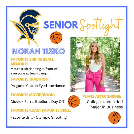 ⭐️ Senior Spotlight: Norah Tisko ⭐️ On day 2 of Senior Week, we recognize our senior captain #25. Be sure to come to the Fieldhouse on Friday vs Redford Union at 7 pm where our seniors take the home court for the last time! 💙🏀💛 <a href="/ShrineSports/">Shrine Sports</a> <a href="/Shrine_Schools/">Shrine Schools</a> <a href="/NorahTisko/">norah tisko</a>
