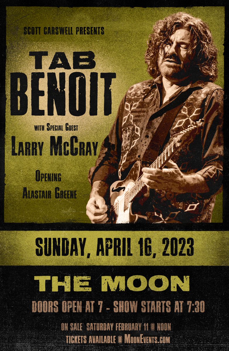 Blues fans! I'm excited to announce that I'll be performing with @TabBenoitLA at The Moon Tallahassee on April 16th. Tickets available at larrymccraylive.com. Hope to see you there!