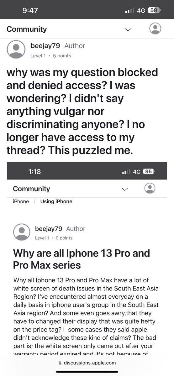 beejay_79's tweet photo. I am only asking why Iphone 13 Pro Max have white screen issues in the South East Asia Region and my thread got blocked.Did I say something vulgar? Such as mentioning Huawei based on my user experience? But sadly white screen issues needed attention from @Apple https://t.co/KDN2Dy1Twv