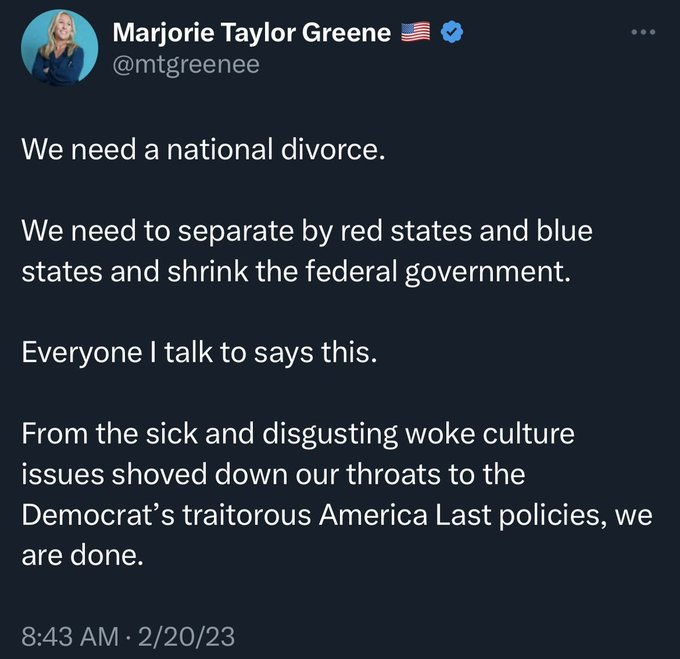 rojo304's tweet photo. I don't know about you guys, but I HATE to be threatened this way. So, I BEG Republican states to secede. ZERO Republican states can afford to lose federal dollars. #GOP #Secession #EmptyThreat #MarjorieTaylorGreene https://t.co/yEmXSaNw5r