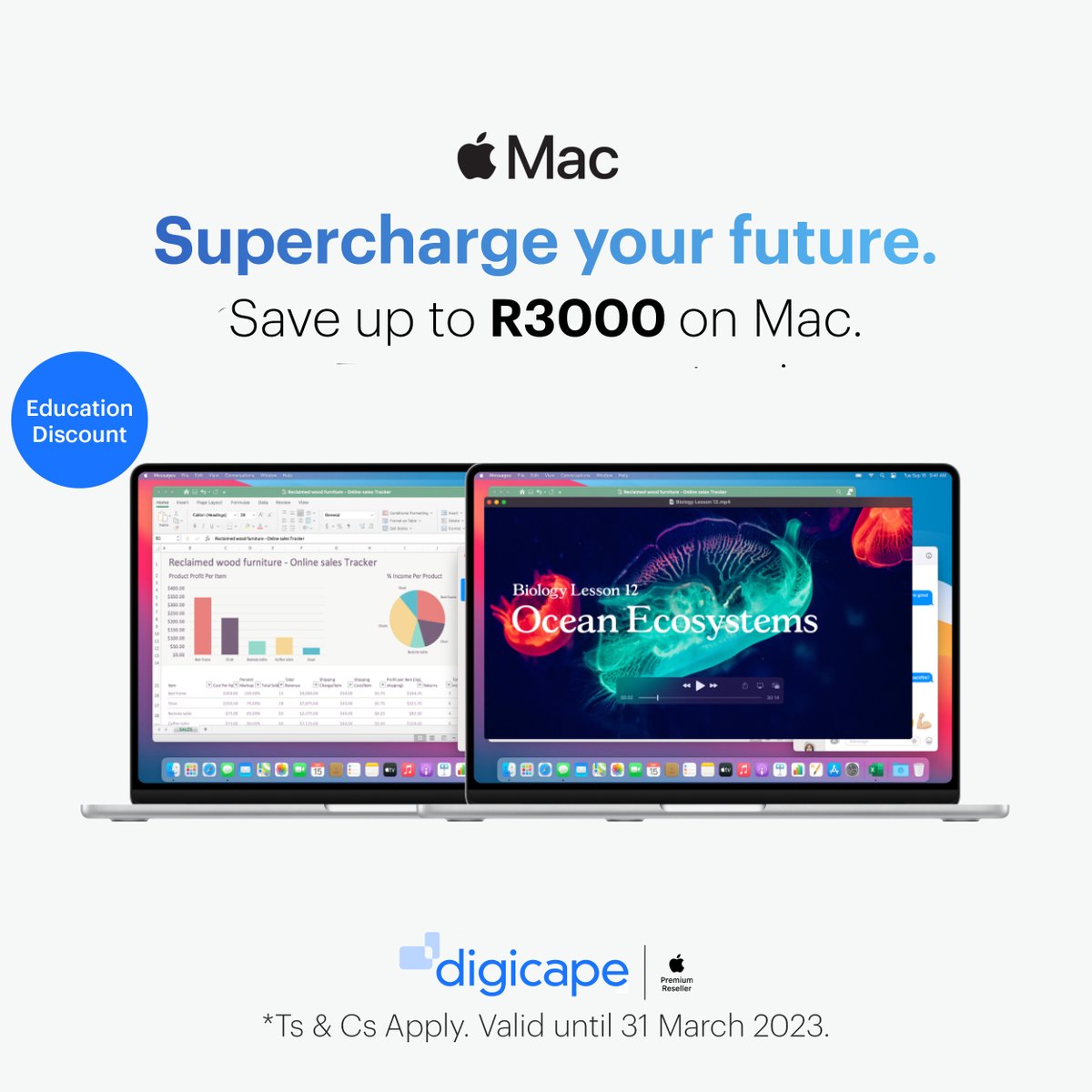 MFM926's tweet photo. Access exclusive student discount at @DigicapeSA when you buy a MacBook Air or Pro until 31st Mar.
Run any app you need and power through with amazing long-lasting battery life. Built to last through all the years of Uni life.
https://t.co/7ysd6nGk7M
#BackToSchoolOffer #Mac https://t.co/7wXN54O6ic