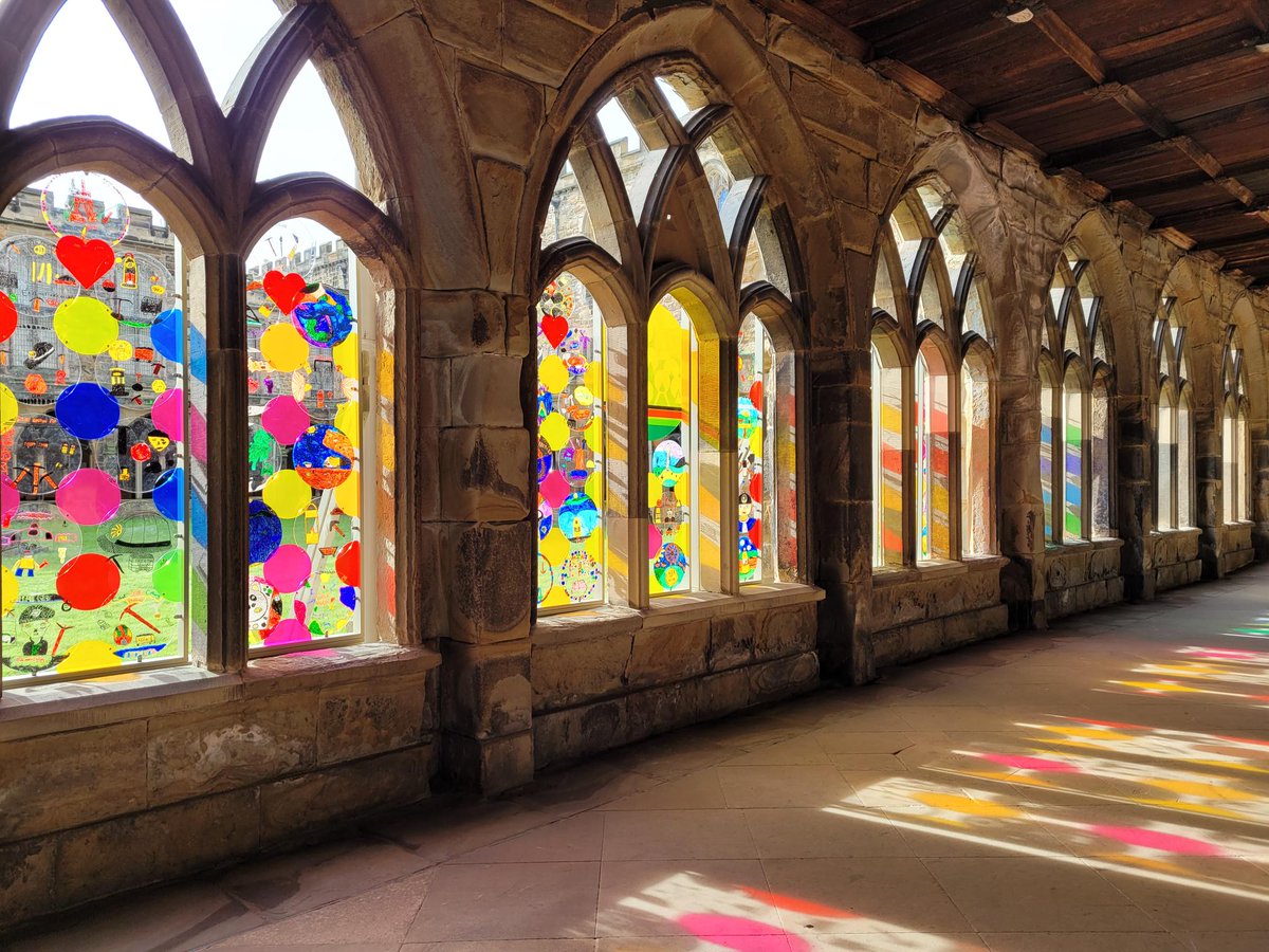 DCathFriends's tweet photo. We popped along to see the amazing 'Tunnel of Light' at #DurhamCathedral. Created by artist Mick Stephenson and local school children, the Cloisters is transformed with colours, images #Durham's mining heritage and thoughts of a brighter future. Go and see it!
#PlaceofLight https://t.co/UwQECdz7Gb