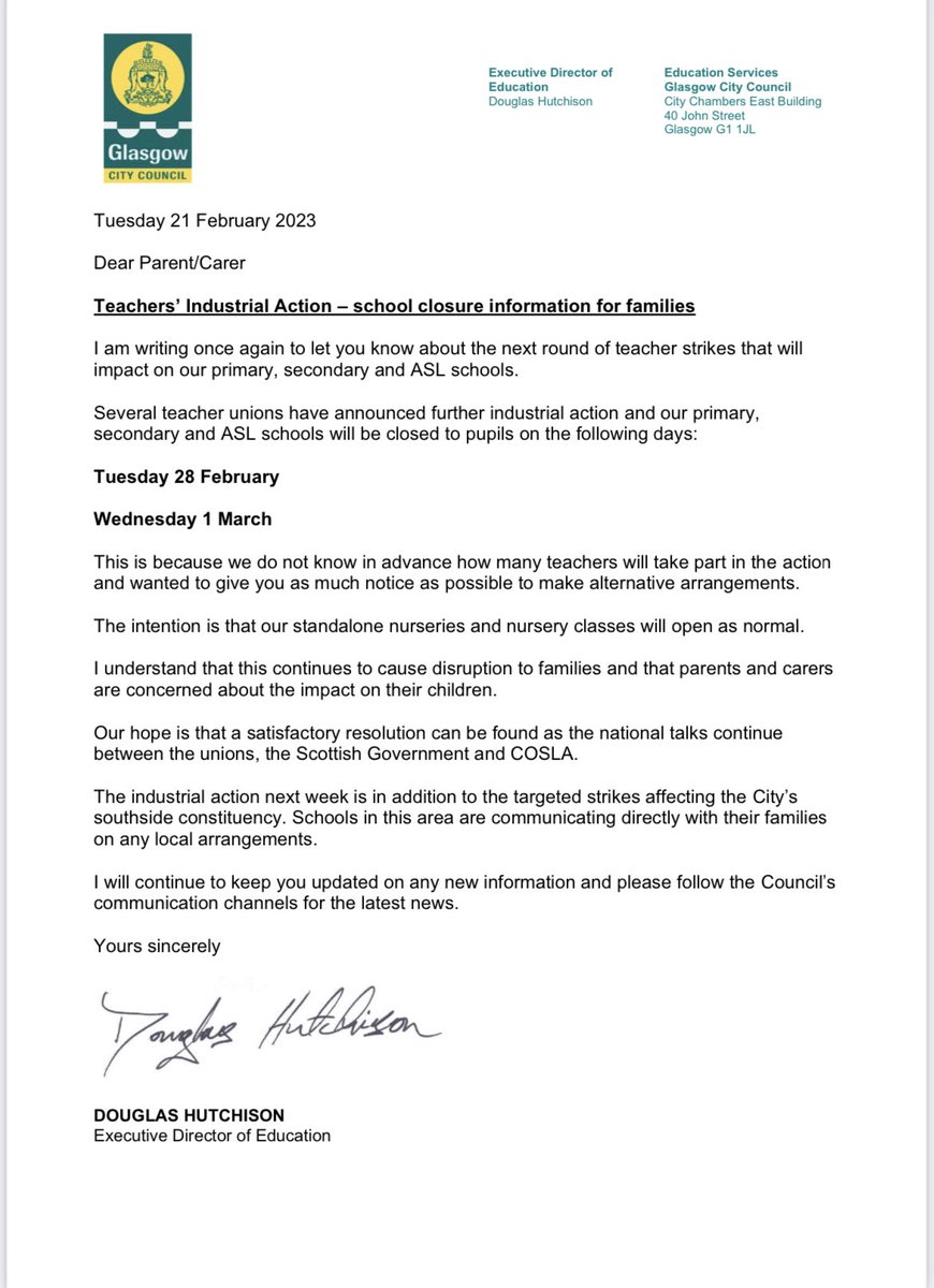 Glasgow Education Director letter regarding national strike action that impacts ALL schools. 

Read the letter here bit.ly/3xFNwUm

Only Nicola Sturgeon’s constituency in the southside is impacted by the targeted strike action this week. See our earlier posts more info.