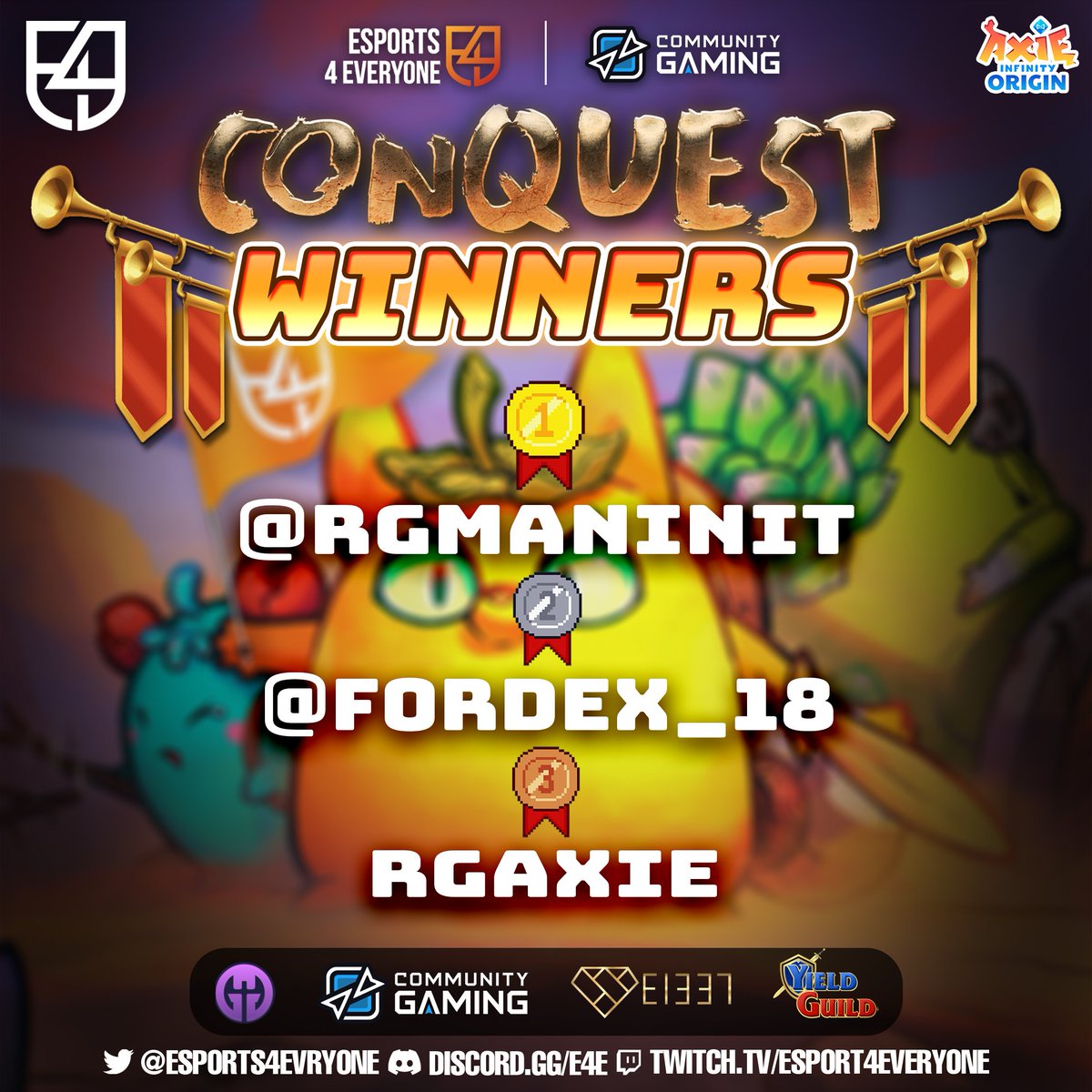 Congratulations to this week's Axie ConQuest winners!

🥇 <a href="/rgmaninit/">rgmaninit | $XTER $MOJO W3GG 🟨</a> - won 2.7 x AXS 
🥈 <a href="/fordex_18/">Fordex</a> - won 1.9 x AXS
🥉 RGAxie - won 1.1 x AXS

Sign up for next week's tournament here
👉 bit.ly/axie-conquest-…

#E4EAxie #WeeklyWinners #Quest4Cash