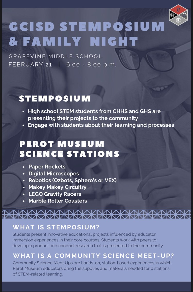 MrsA_GCISD's tweet photo. We are kicking off Engineering Week with our GCISD STEMposium! Students will lead us as they present projects and  guide families through science stations. See you tonight! ⁦@GrapevineMiddle⁩ ⁦@gmsstem⁩ @MustangSTEM⁩ ⁦@CHHSSTEM⁩ ⁦@PerotMuseum⁩ https://t.co/fzN2Gef1aL