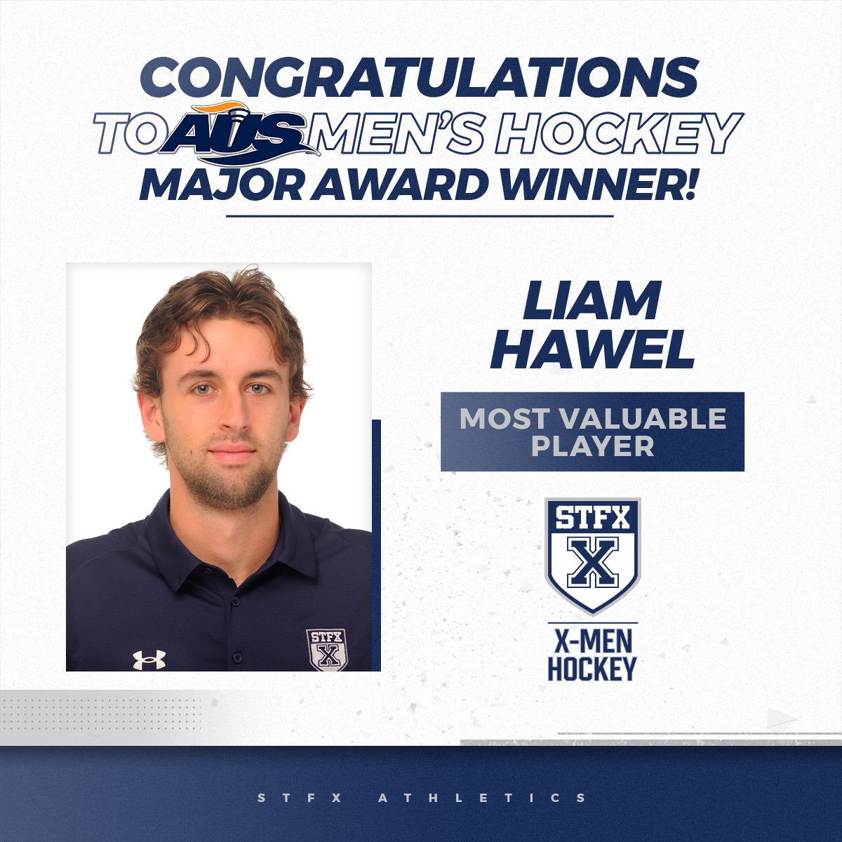 StFXAthletics's tweet photo. Congratulations to our AUS All-Stars and major award winners from X-Men Hockey! #goxgo

Liam Hawel (1st team All-Star &amp; AUS MVP)
Matthew Struthers (1st team All-Star) https://t.co/5QHIjcoj0i