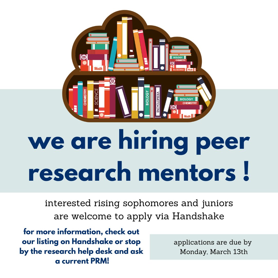 GburgColLibrary's tweet photo. We're hiring (some more!) Applications are open NOW for Peer Research Mentors. Wanna know more? Drop by the Research Help Desk to talk to a current PRM, and check out the ad at https://t.co/2VUuoerpdp to apply on Handshake. This position is open to rising sophomores and juniors. https://t.co/sFPYJCNWFl