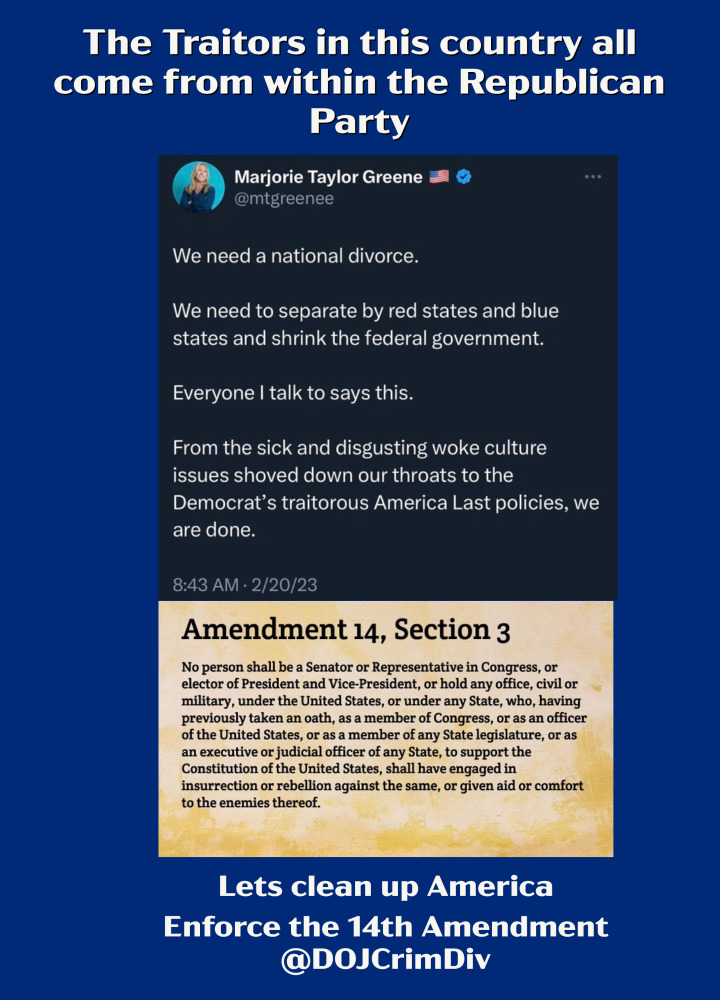 .<a href="/POTUS/">President Donald J. Trump</a> Our Constitution is being assaulted daily by #MTG and Traitorous group of Republicans

Our Constitution provides us with a means to rid our Congress of Traitors

@DOJCrimDivEnforce the 14th Amendment Now!!!
#ResistanceUnited #wtpBLUE #DemCast #DemVoice1 #ProudBlue