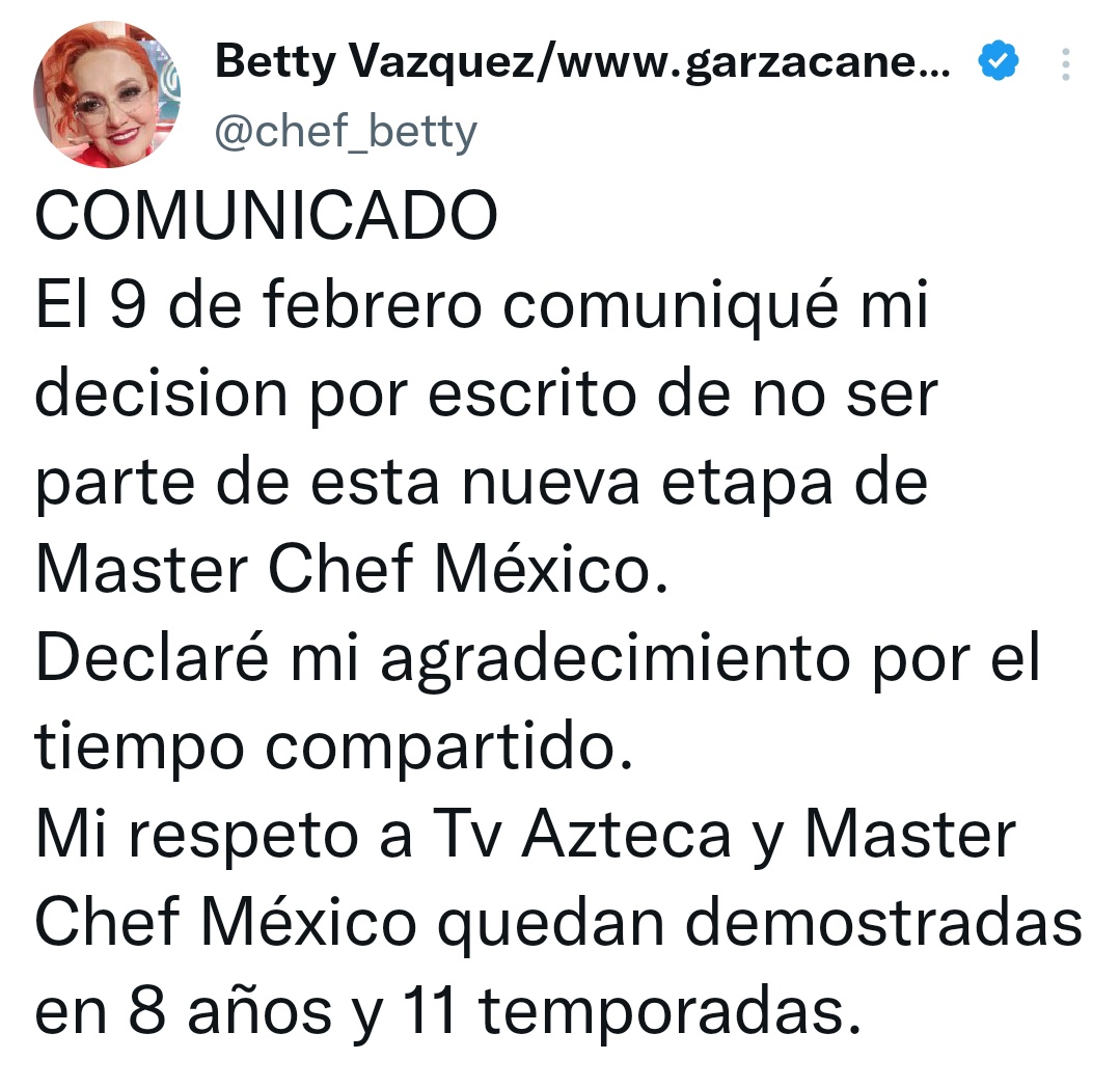 somospop_of's tweet photo. Se despide de #MasterChefMx 

La Chef Betty dio a conocer que ya no formará parte de la siguiente temporada del programa de #TvAzteca también Joserra dijo ya no formar parte....

Dicen que regresan el Chef Herrera y el Chef Benito...

Que piensan de esto?

#TodosSomosPOP https://t.co/bnHvgXg5Zj
