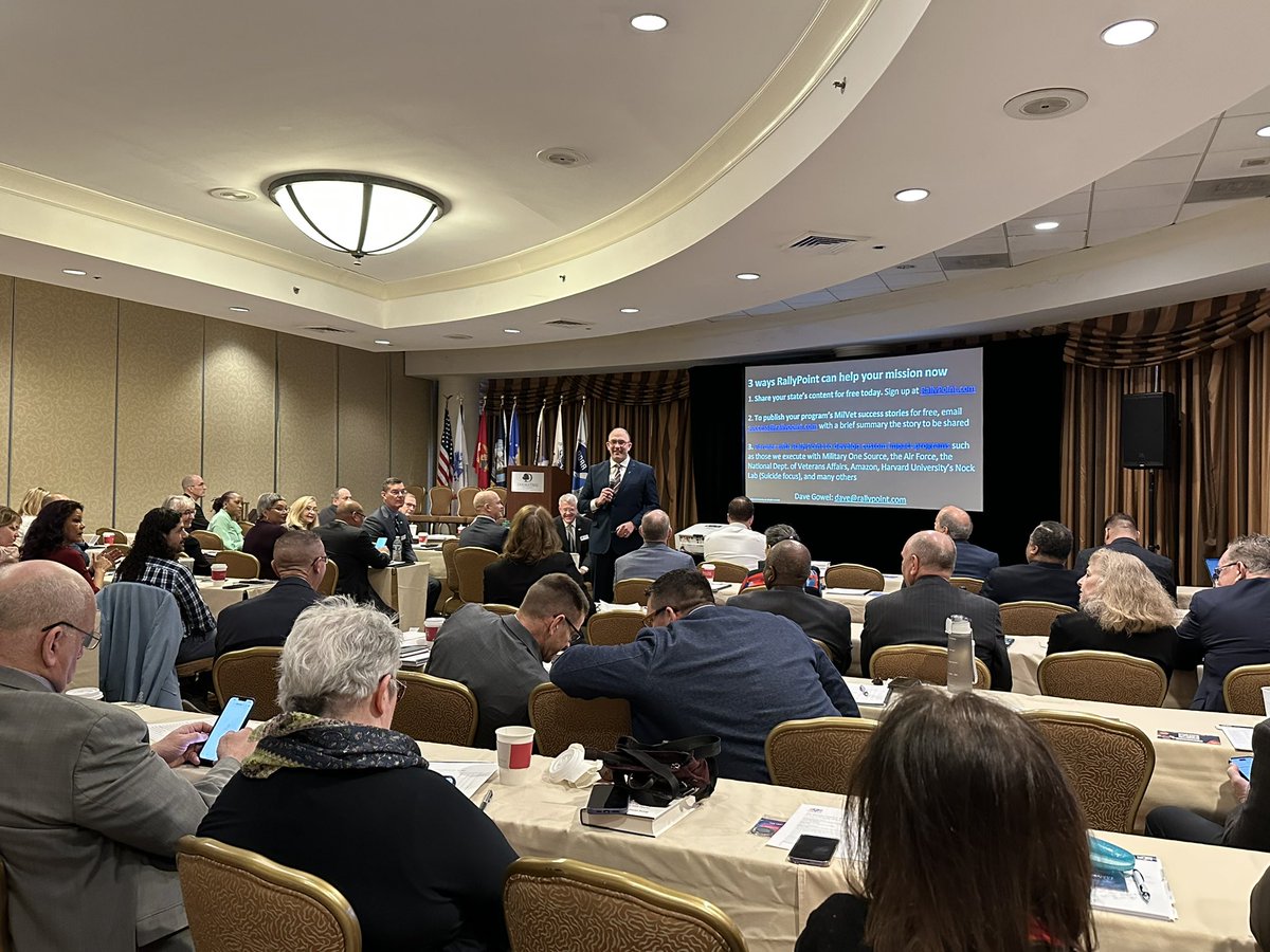 toddjacobus's tweet photo. Excellent presentation at NASDVA Conf by DAVID GOWEL, CEO of RallyPoint. RallyPoint = LinkedIn for Veterans–peer to peer site that supports MilVets throughout the journey–enlistment, service, deployments &amp; transition &amp; post-service support. https://t.co/N1CoL8nYPd #IowaVeterans https://t.co/9YIixbXEjI