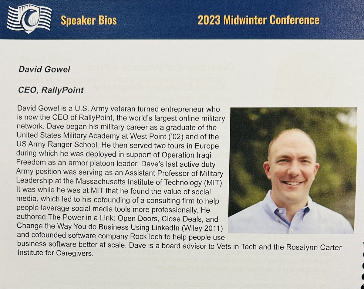 toddjacobus's tweet photo. Excellent presentation at NASDVA Conf by DAVID GOWEL, CEO of RallyPoint. RallyPoint = LinkedIn for Veterans–peer to peer site that supports MilVets throughout the journey–enlistment, service, deployments &amp; transition &amp; post-service support. https://t.co/N1CoL8nYPd #IowaVeterans https://t.co/9YIixbXEjI