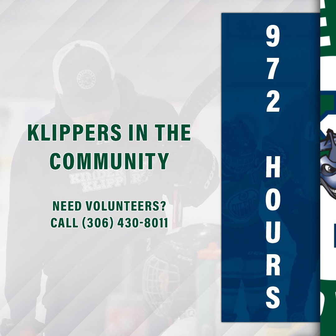 KlippersHockey's tweet photo. The Klippers are now at 972 hours of volunteer work in the community. Our goal is to reach 1000. If you’re needing some players in the next few weeks give us call! (306) 430-8011.

#Community | #KlippersHockey https://t.co/EjY7Ojuf82