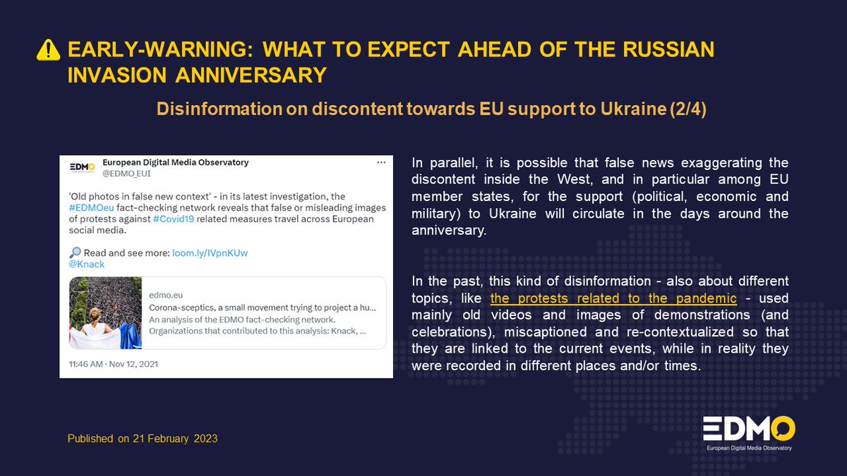 🚨 This week, #EDMOeu will publish #EarlyWarnings in view of the 1st anniversary of Russian invasion of #Ukraine (2/4)

#Disinformation on public opinions could appear on:

- Support for Russia and its invasion in 🇷🇺 & 🇪🇺
- Discontent in EU countries for support to #Ukraine 

⬇️