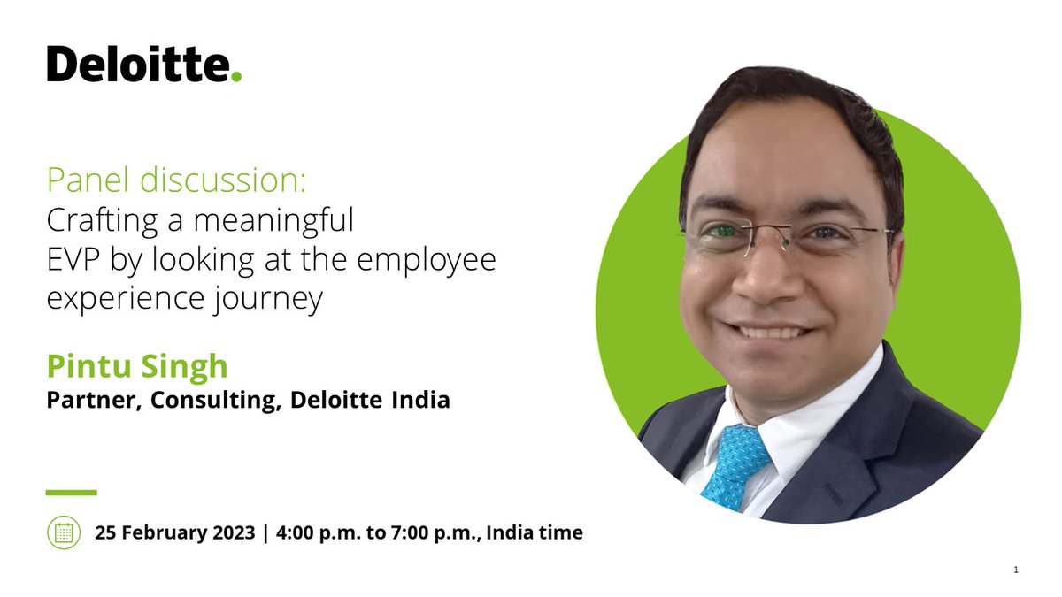 Join Pintu Singh, Partner, Consulting, Deloitte India, at the panel discussion on "Crafting a meaningful EVP by looking at the employee experience journey," organised by NHRD.

Register now: deloi.tt/3Slq5sZ

#EmployeeExperience #EVP #Talent