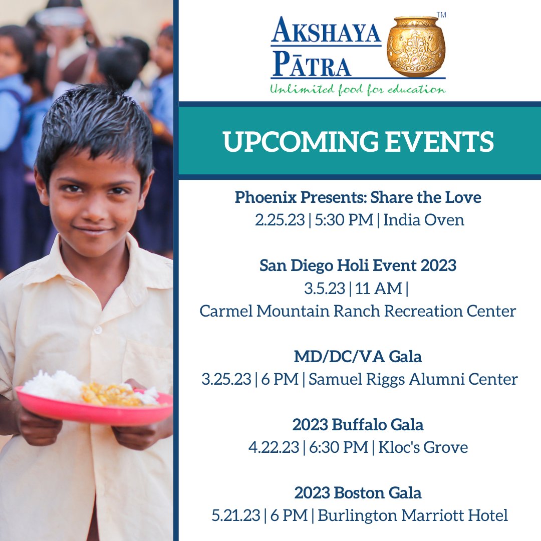 AkshayaPatraUSA's tweet image. Akshaya Patra USA has many exciting upcoming events nationwide!
Save your spot today at akshayapatrausa.org/events/

#UnlimitedFoodforEducation #EndHunger #EventsforGood