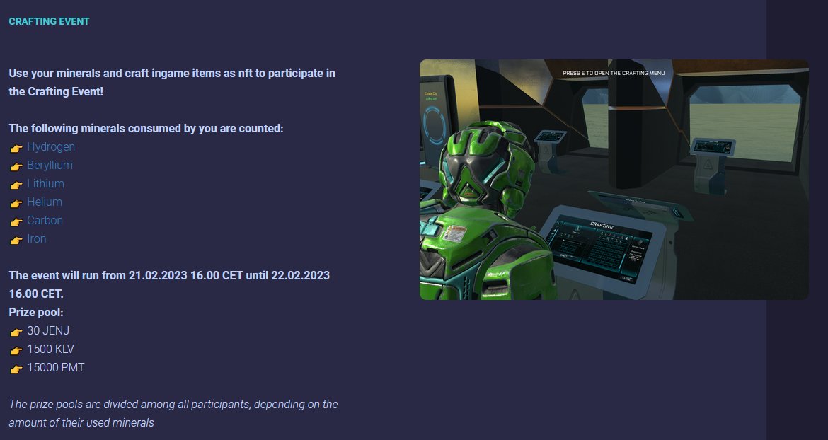 #PandemicSpaceCombat
#CraftingEvent
From 16.00 CET we start into the new round and directly with a 24 hour crafting event!
Craft ingame items as #NFT and win #JENJ | #KLV | #PMT

The prize pool will be divided between all participants
Ranking: 
pandemic-games.org/CraftingEvent.…
Good luck