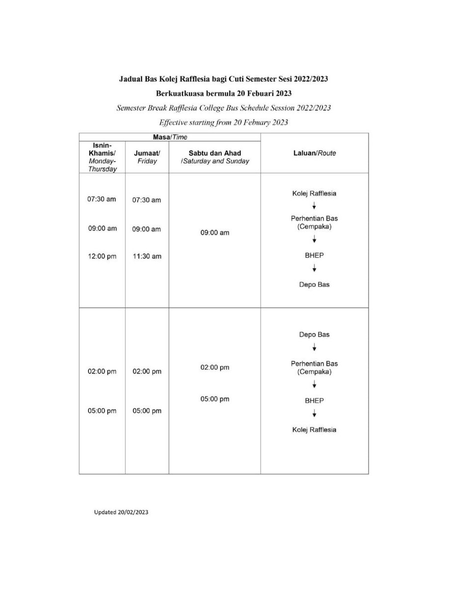 mppunimas's tweet photo. [JADUAL PERGERAKAN BAS DI DALAM KAMPUS SEPANJANG CUTI SEMESTER 1 SESI 2022/2023]

Salam Sejahtera dan Salam UNIMASku Sayang,

Berikut merupakan jadual pergerakan yang disediakan dan akan *berkuatkuasa pada 22 Febuari 2023*.

Sekian, terima kasih. https://t.co/tpcKzUQ5Ts