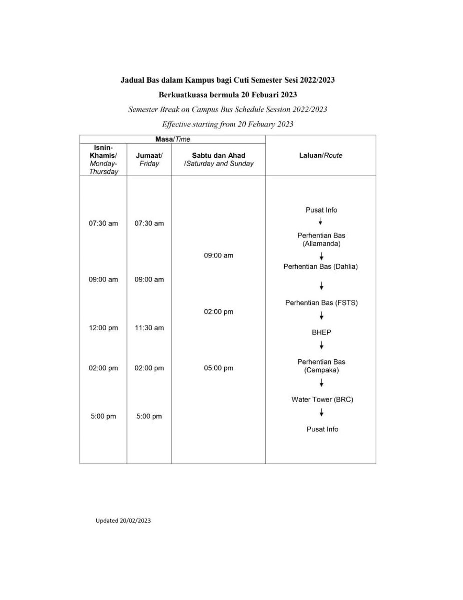 mppunimas's tweet photo. [JADUAL PERGERAKAN BAS DI DALAM KAMPUS SEPANJANG CUTI SEMESTER 1 SESI 2022/2023]

Salam Sejahtera dan Salam UNIMASku Sayang,

Berikut merupakan jadual pergerakan yang disediakan dan akan *berkuatkuasa pada 22 Febuari 2023*.

Sekian, terima kasih. https://t.co/tpcKzUQ5Ts