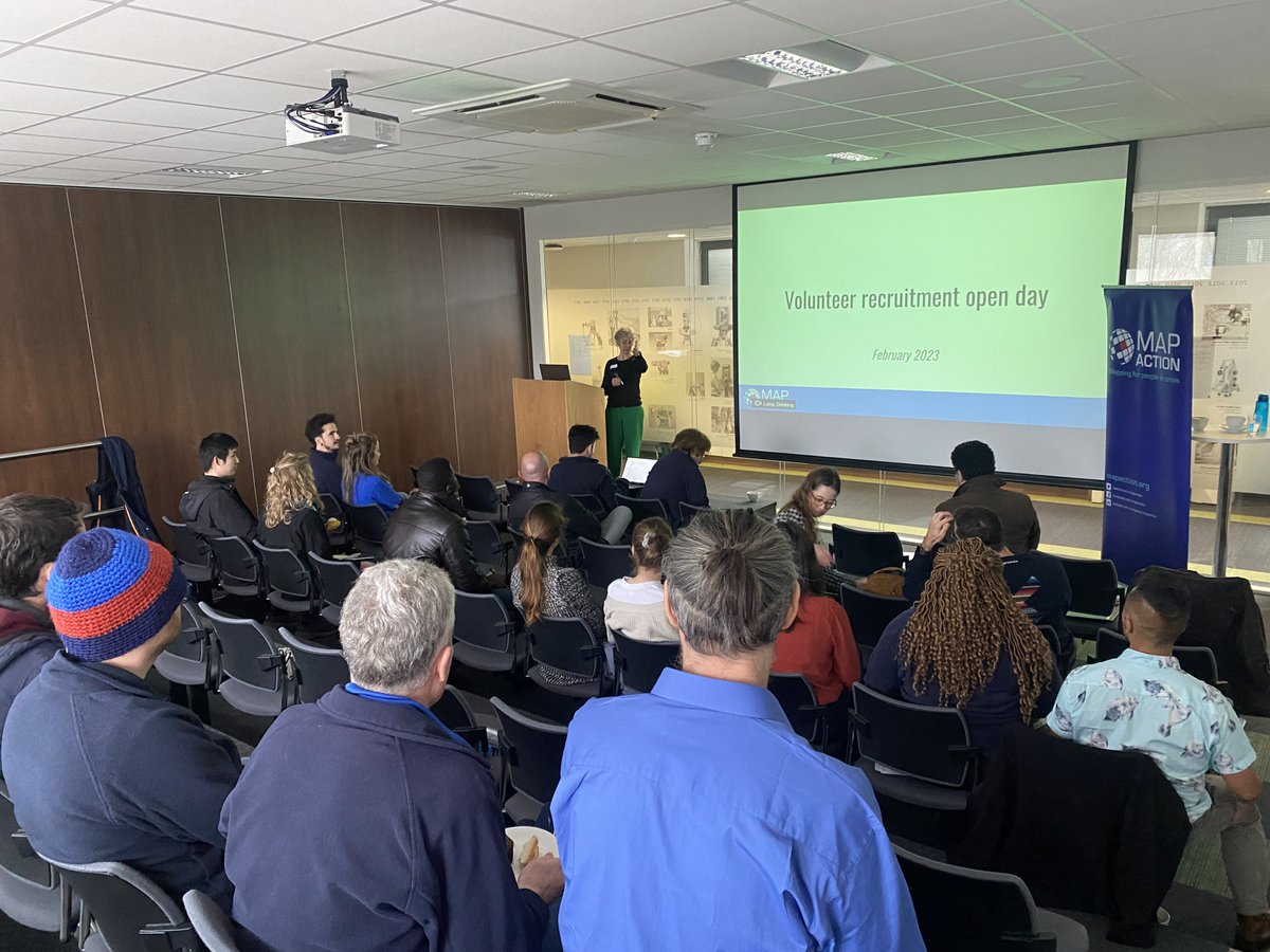 MapAction CEO Liz Hughes addresses potential additions to our amazing cohort of volunteers (already 65+ people!) at a #MapAction recruitment event in Milton Keynes on February 21st. The space has been kindly provided by <a href="/LeicaGeosystems/">LeicaGeosystems</a> <a href="/LeicaGeo_UKI/">Leica Geosystems UK & Ireland</a> and <a href="/HexagonAB/">Hexagon</a>. #teambuilding