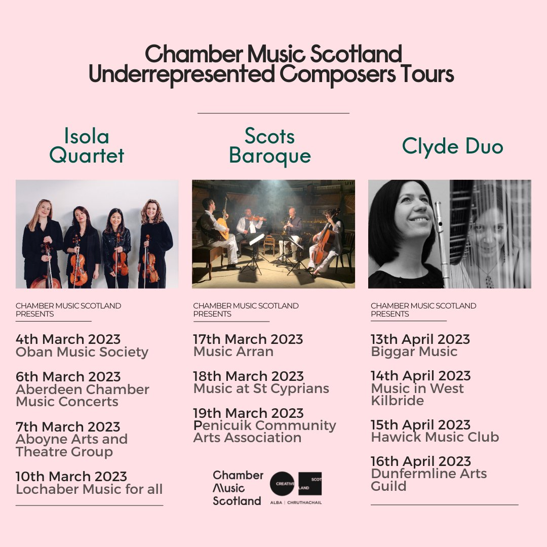 Coming soon 🔔 We’re supporting three chamber music ensembles  – Isola Quartet, <a href="/ScotsBaroque/">ScotsBaroque</a> and <a href="/ClydeDuo/">Clyde Duo</a> – to tour a programme of music written by historically #UnderrepresentedComposers across #Scotland next month. For concert details see: chambermusicscotland.com/events