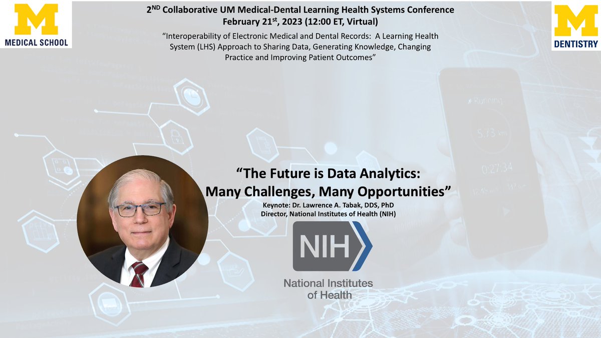 DrAlexDaSilva's tweet photo. Only a couple of hours to check out the free @UMich event today at noon (Feb. 21) and hear from keynote speaker Lawrence A. Tabak, director of the @NIH, and several experts in learning health systems! Register here: https://t.co/usAM87sYu2 #AI #LearningHealthSystems #HealthTech https://t.co/AV4vf5GQ1j