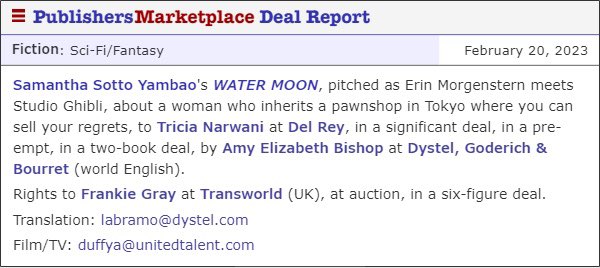 Samantha Sotto Yambao *updates only* (@samanthasotto) on Twitter photo My US and UK deal in one announcement!! Wheeee! Thank you, thank you, thank you @graybookworm , <a href="/tnarwani/">Tricia Narwani</a> , @amylizbishop, and my film agent <a href="/AddisonDuffy/">addison duffy</a> for loving WATER MOON as much as I do! ❤️❤️❤️ It’s never too late to begin again. My US and UK deal in one announcement!! Wheeee! Thank you, thank you, thank you @graybookworm , <a href="/tnarwani/">Tricia Narwani</a> , @amylizbishop, and my film agent <a href="/AddisonDuffy/">addison duffy</a> for loving WATER MOON as much as I do! ❤️❤️❤️ It’s never too late to begin again.