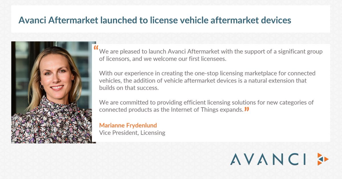 Today we launched Avanci Aftermarket, a new licensing program for connected products for the vehicle aftermarket, a growing sector with a variety of innovative products. Read more: bit.ly/Avanci_Afterma… 
#aftermarket #licensing