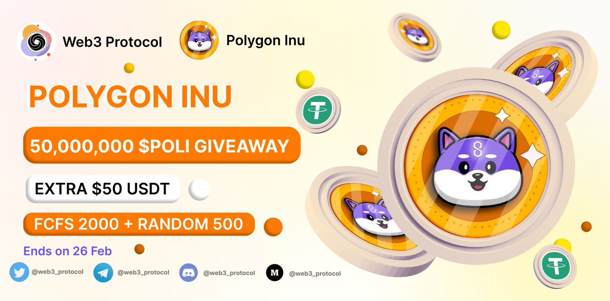 🎉Web3 Protocol X Polygon Inu Giveaway

 🏆Prize Pool: 50,000,000 $POLI (FCFS) 

To Enter:- 

✔️Follow <a href="/Web3_Protocol/">Web3 Protocol</a> &amp; @PolygonInuToken
✔️Like and RT 3 friends
✔️ Fill form: giv.gg/polygoninu

#Airdrop #Giveaway #Giveaways #Airdrops #PolygonInu
