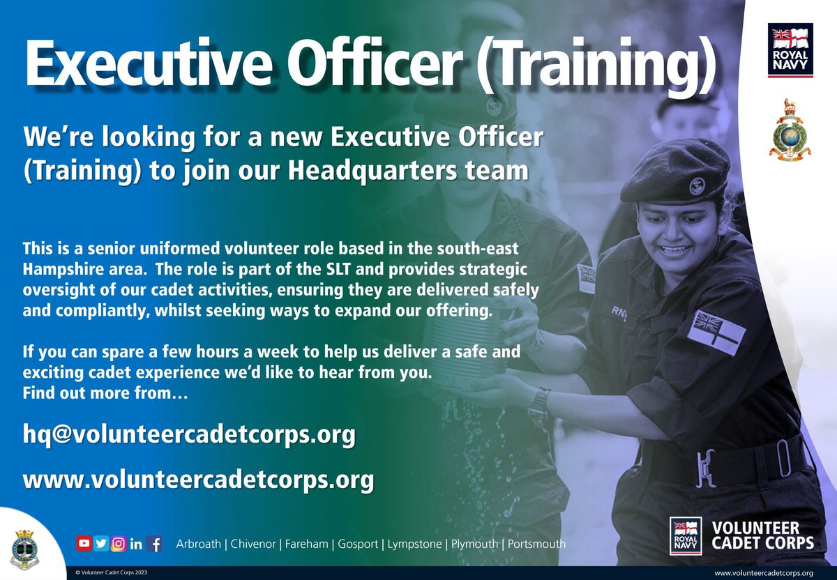 Volunteer Cadet Corps (@vcccadets) on Twitter photo The <a href="/VCCcadets/">Volunteer Cadet Corps</a> is now looking for a new Executive Officer (Training). Responsible for delivering our training syllabus, managing staff training and qualifications.
For more information, including Terms of Reference, please visit: volunteercadetcorps.org/volunteer-vaca… The <a href="/VCCcadets/">Volunteer Cadet Corps</a> is now looking for a new Executive Officer (Training). Responsible for delivering our training syllabus, managing staff training and qualifications.
For more information, including Terms of Reference, please visit: volunteercadetcorps.org/volunteer-vaca…