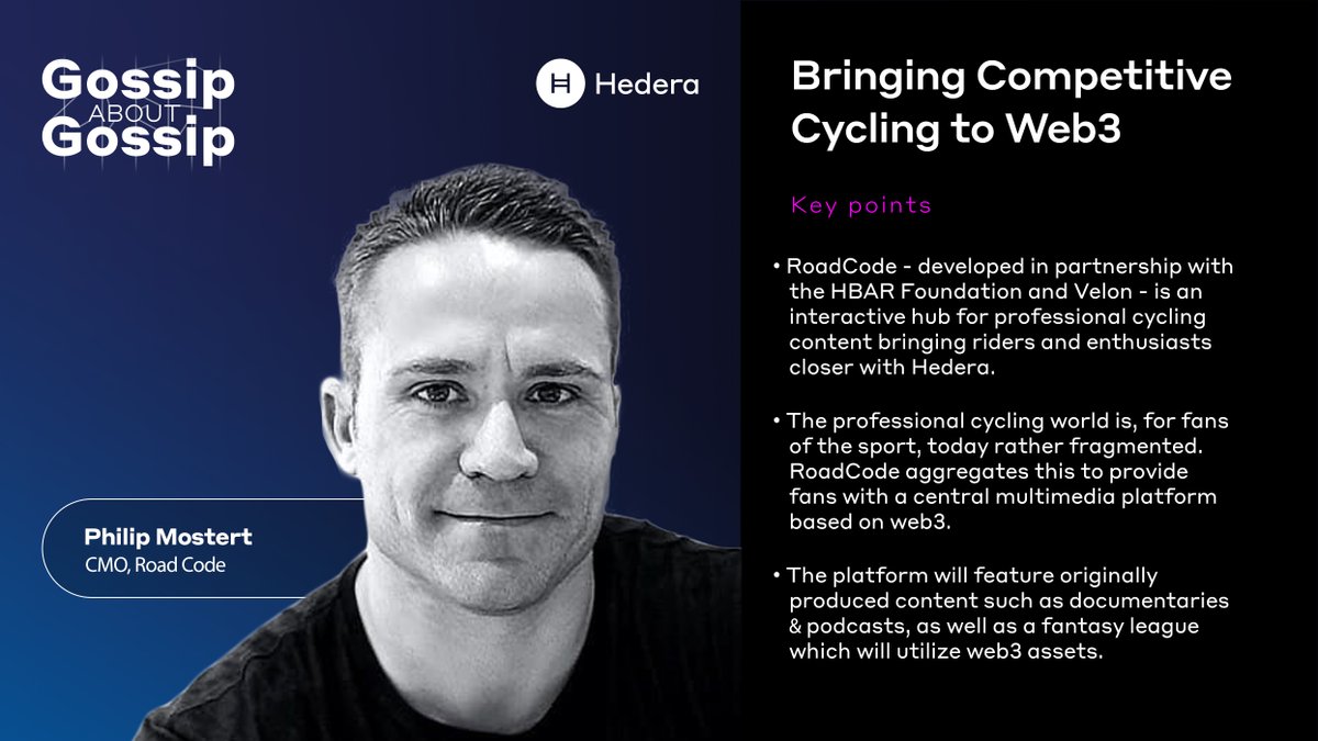 hedera's tweet photo. 🚴Special thanks to Philip Mostert for joining us on the podcast this week as Chief Marketing Officer of @RoadCode: the interactive, multimedia platform bringing competitive cycling fans and athletes closer together - made possible through #Hedera.

🎙️https://t.co/Hjj6WQnulR https://t.co/5inycBvVUI