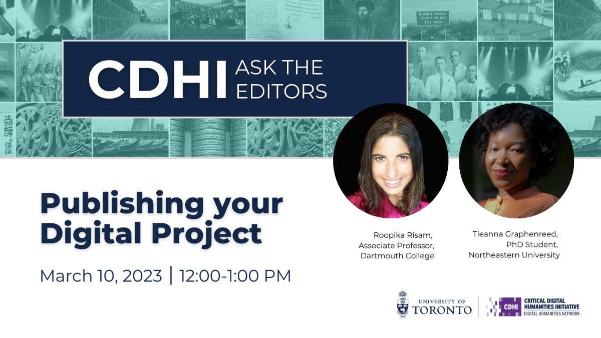 💡 You've assembled a team and are building your #DigitalHumanities project. Now what?

March 10 at 12 PM, join #ReviewsInDH editors @roopikarisam & Tieanna Graphenreed (@graphtie) for a helpful discussion on publishing your DH project. Register at uoft.me/8Q2.