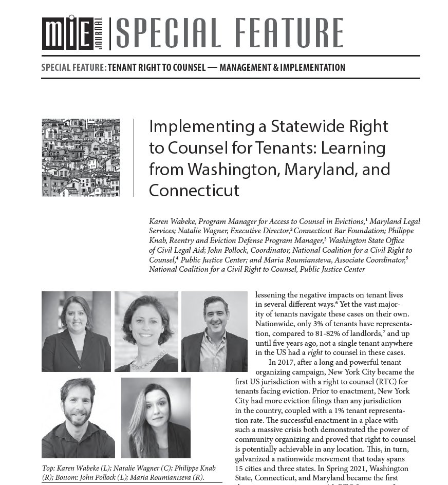EvictionHelpCT's tweet photo. Connecticut, Washington, and Maryland's Right to Counsel implementation reflections are featured in @MIELegalAid's latest issue. Read more about the progress of RTC in these three jurisdictions https://t.co/blkukaRKK1. https://t.co/yrFATlnxvy