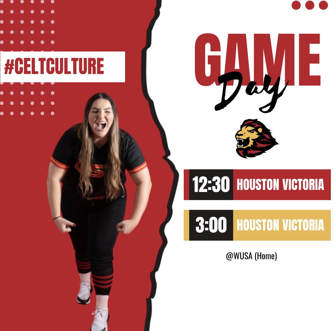 USTCeltsSB's tweet photo. HOME OPENER!! 🦁

🆚 Houston Victoria 
⏰ 12:30 &amp; 3
🏟 WUSA (Home) 
🎥 https://t.co/7VrTbgbUjI
📊 https://t.co/vFe17ckJ14

CeltCulture | HoUSTon https://t.co/uD0YV4zQHL