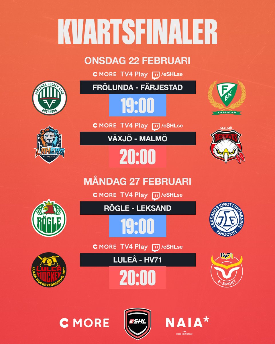 eSHLse (@eshlse) on Twitter photo Så här spelas kvartsfinalerna i eSHL! 🎮🏒
- <a href="/fhcesport/">Frölunda HC Esport</a> vs @FBKEsports
- <a href="/VLHesport/">Växjö Lakers Esport</a> vs <a href="/RedhawksEsport/">Redhawks Esport</a>
- <a href="/esportrbk/">Rögle BK Esport</a> vs @LeksandEsport
- <a href="/LHFeSport/">Luleå Hockey Esport</a> vs <a href="/hv71_eshl/">HV71 Esport</a>
#eSHLse #NHL23 <a href="/SHLse/">SHL.se</a> Så här spelas kvartsfinalerna i eSHL! 🎮🏒
- <a href="/fhcesport/">Frölunda HC Esport</a> vs @FBKEsports
- <a href="/VLHesport/">Växjö Lakers Esport</a> vs <a href="/RedhawksEsport/">Redhawks Esport</a>
- <a href="/esportrbk/">Rögle BK Esport</a> vs @LeksandEsport
- <a href="/LHFeSport/">Luleå Hockey Esport</a> vs <a href="/hv71_eshl/">HV71 Esport</a>
#eSHLse #NHL23 <a href="/SHLse/">SHL.se</a>