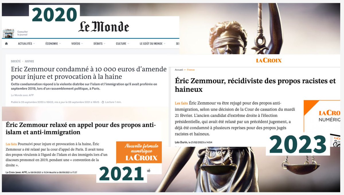 ⚖️
Vous vous rappelez du discours de haine tenu par #Zemmour en 2019 lors de la convention de la droite, organisée par des proches de Maréchal Le Pen, retransmis par #LCI  ?

La Cour de Cassation vient d'annuler la relaxe, Z sera rejugé pour les faits !

la-croix.com/France/Eric-Ze…