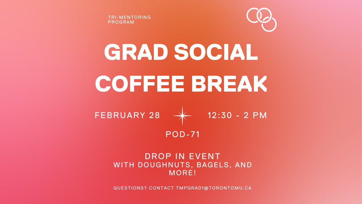 TMUgraduate's tweet image. Calling all grad students! Need a breather between your afternoon classes? Drop by POD-71 on Tuesday, Feb. 28 for a free coffee, tea and snack break hosted by @trimentoring! bit.ly/3I5W8J3