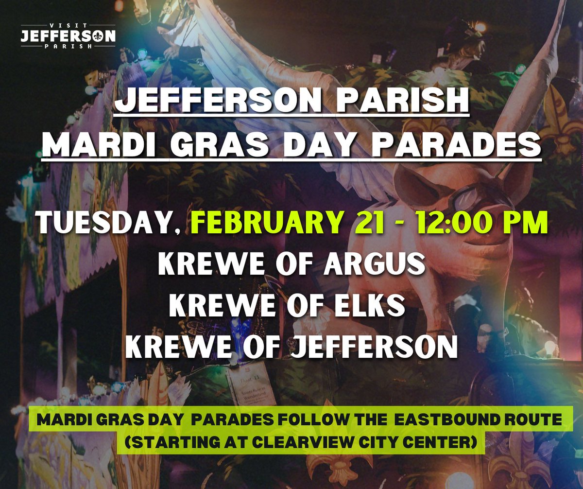 Happy #MardiGras! 

Catch <a href="/ArgusKrewe/">Krewe of Argus</a>, Elks Krewe of Jeffersonians, &amp; <a href="/KreweJefferson/">Krewe of Jefferson</a>  TODAY starting at noon on the original Eastbound parade route

🟣⚜️🟢⚜️🟡⚜️