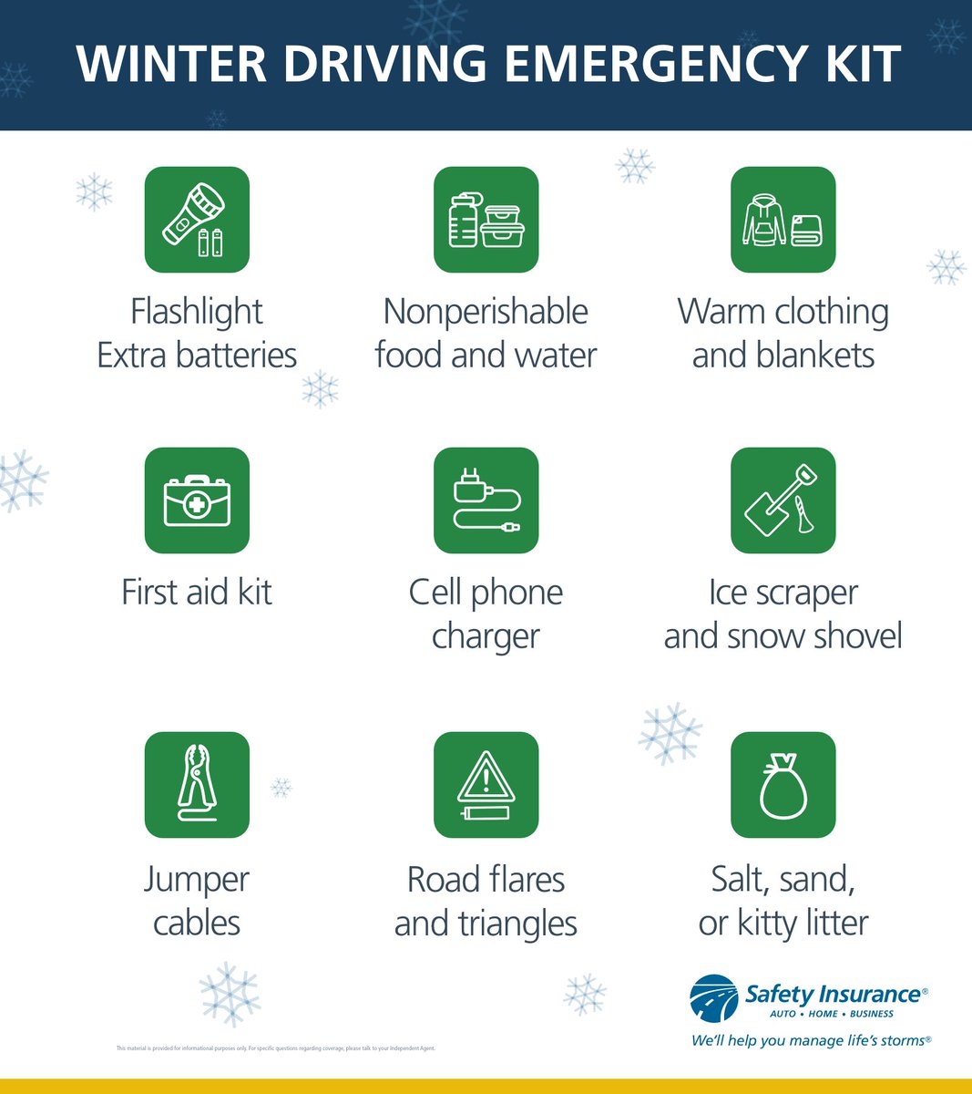 safetyins's tweet image. This winter has been unseasonably warm in New England, but it’s never a bad idea to be prepared for anything Mother Nature throws our way. Keep these items in your car in case of a winter road emergency. #ManageLifesStorms #WinterDrivingTips #EmergencyCarKit
