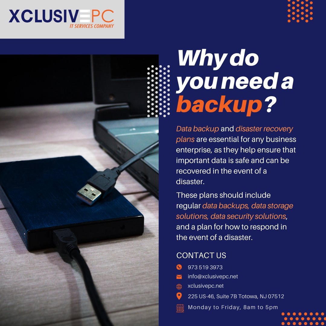 XclusivePC's tweet image. 📥 Invest in data backups, storage solutions, and security measures to ensure your business is prepared. 🔐

If you’re looking for someone in the New Jersey to help you out then we’re just the team to get your started!

#itservice #cybersolutions