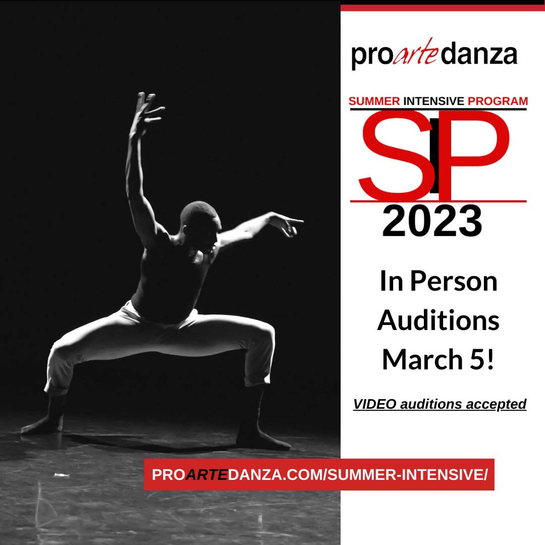 proartedanza's tweet image. AUDITION MARCH 5! ProArteDanza Summer Intensive Program. 
Location: Toronto Metropolitan University, School of Performance, 345 Yonge Street 
1-4pm Aspirante Audition 
Ages 14 to 17 - 4-7pm Apprentice Audition - 18+ 
Register now! proartedanza.com/summer-intensi… 
#ProArteDanza #SIP2023