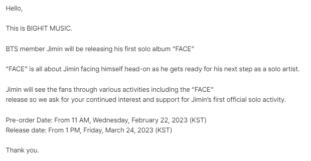 likechizu's tweet photo. Jimin solo album "FACE" will be release onFriday, March 24 at 1PM KST (11.00 WIB)

Pre order: 22 Feb, 11AM KST (09.00 WIB) https://t.co/eWsqrcMcuv